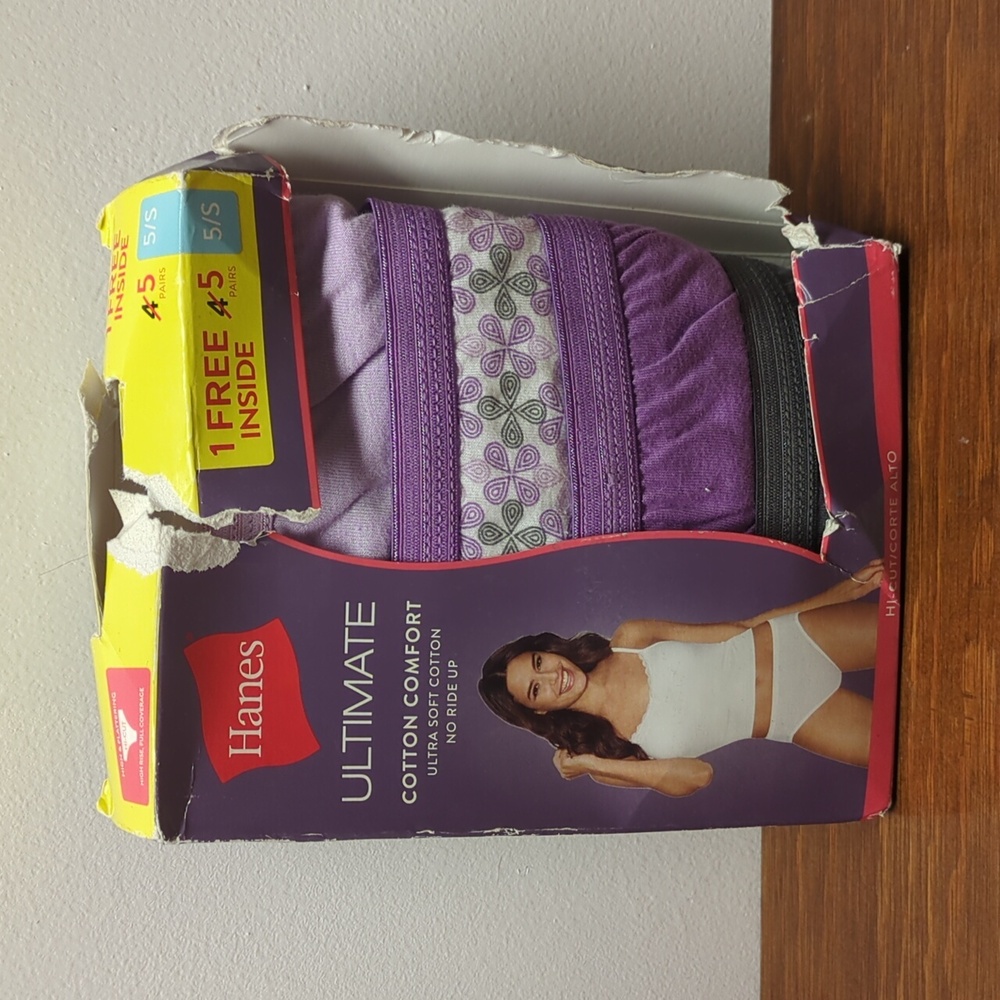 5/S Hanes 100% Cotton Panties Hi Cut 5pk new, damaged package New